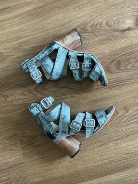freebird Tanica Metallic Silver Studded Strappy Block Heel Sandals